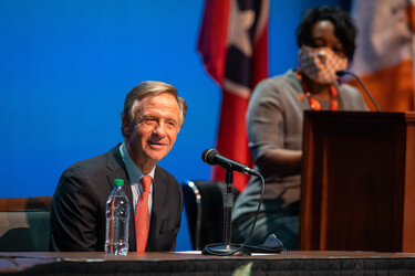 Bill Haslam speaks during a Division of Student Success presentation “Navigating Civil Discourse featuring Governor Phil Bredesen and Bill Haslam” in the Student Union Auditorium as part of Vol Success Week