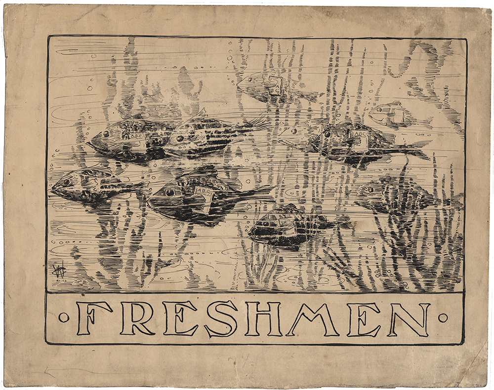 Pen-and-ink drawing for The Volunteer yearbook. Anna Catherine Wiley Sketches, Special Collections, University of Tennessee Libraries.
